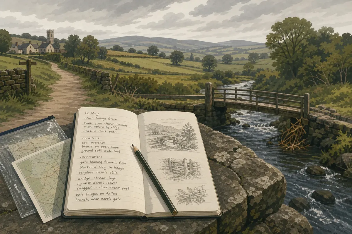Open notebook with sketches and notes on stone wall beside river and wooden bridge under overcast sky