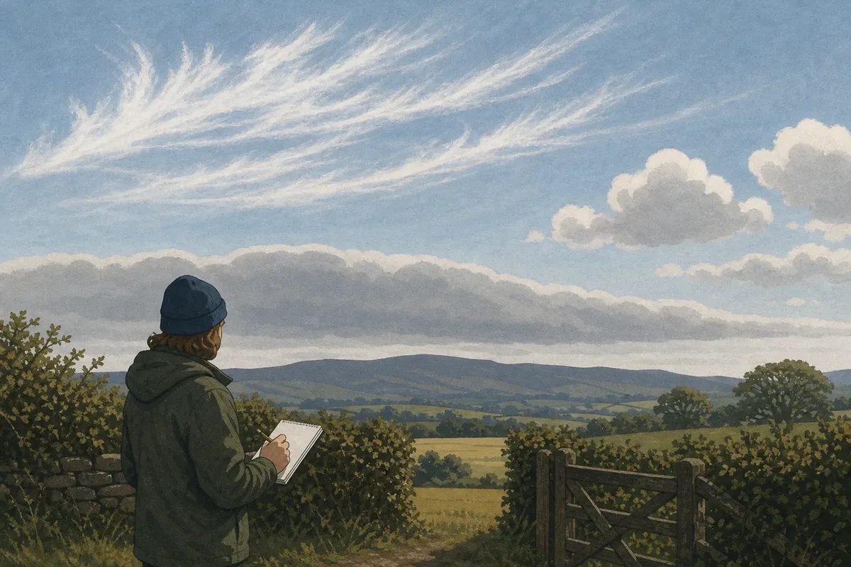 Person in a blue beanie sketching clouds over a rural landscape with rolling hills and partly cloudy sky