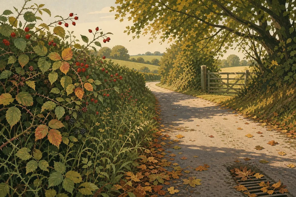 Country lane with fallen autumn leaves, berry bushes, and a wooden gate under dappled sunlight