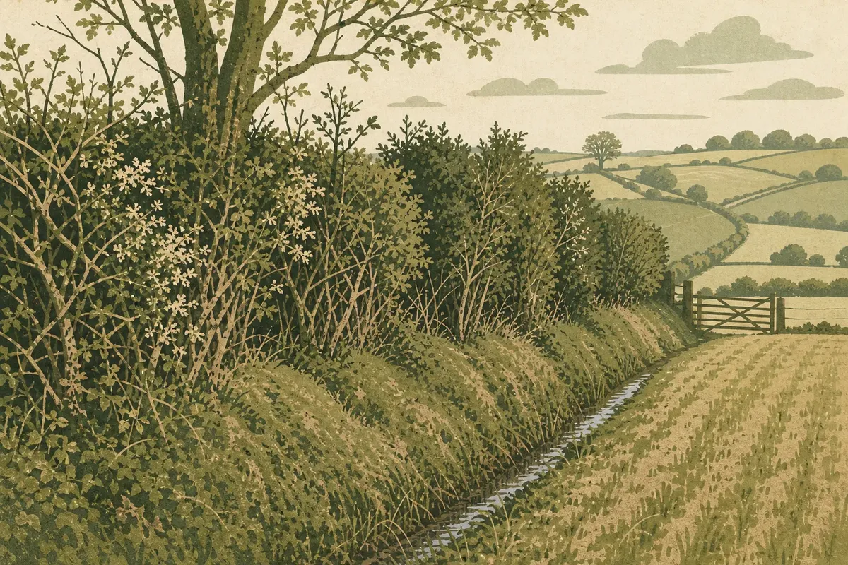 Green hedge with white flowers along a narrow water channel next to a harvested field and wooden gate
