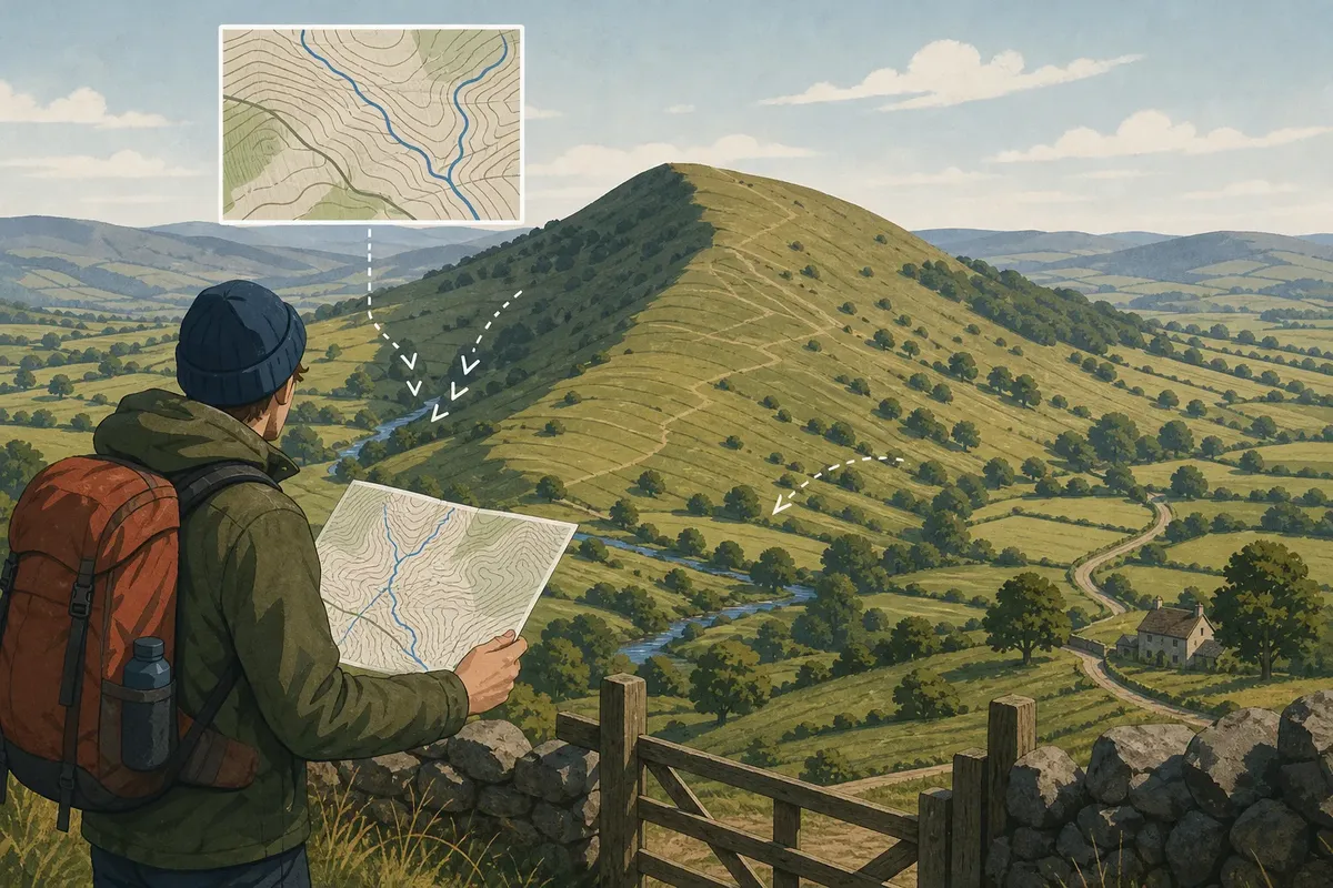 Hiker with backpack looking at a topographic map overlooking a green hillside with trees, a winding stream, and a distant house