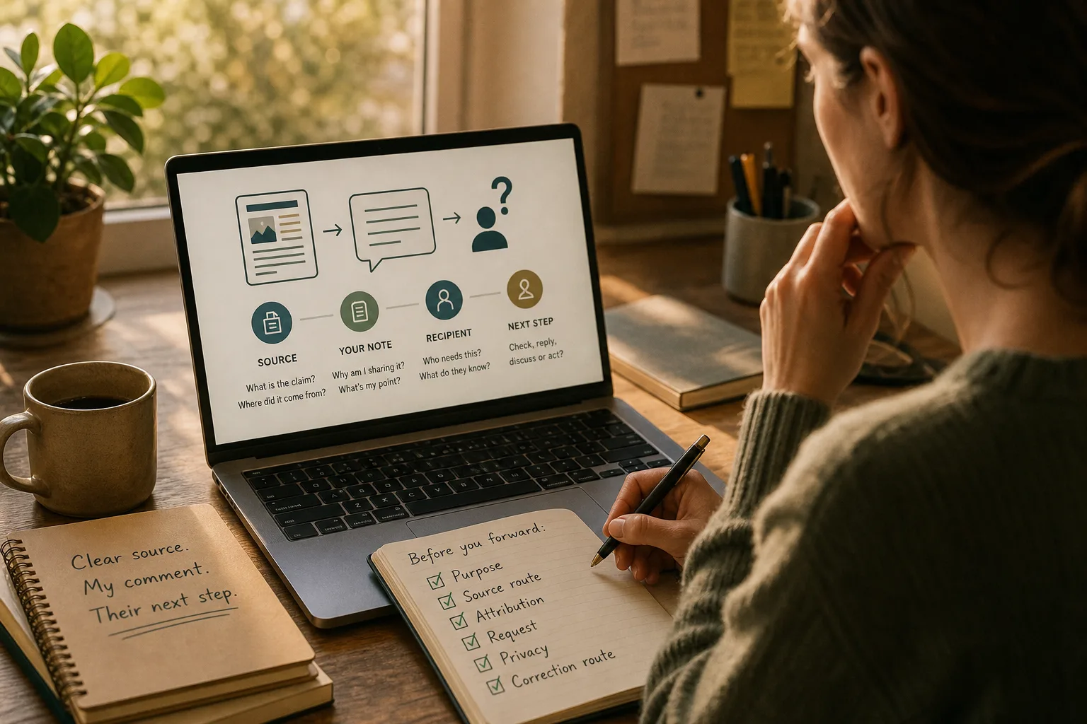 Person writing notes about forwarding information on a laptop screen with charts and checklists in warm indoor setting
