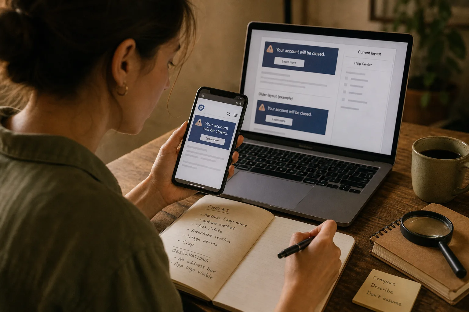 Woman sitting at wooden desk writing notes while comparing warnings on phone and laptop screens