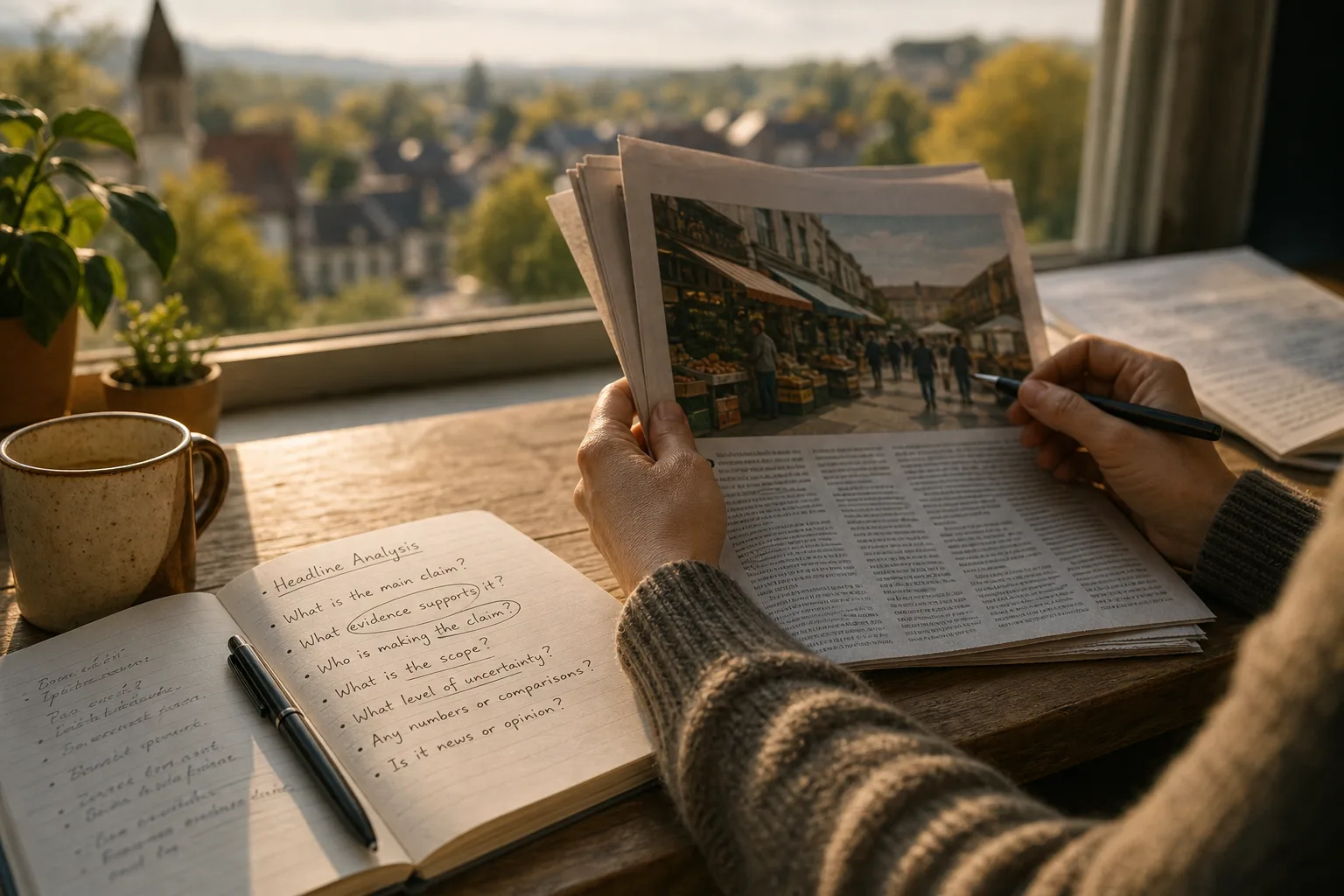 Person sitting by window with notebook and newspaper at wooden table in soft daylight